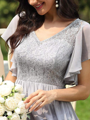 Color=Grey | Deep V Flared Sleeves Embroidered Long Mother of The Bride Dresses-Grey 3