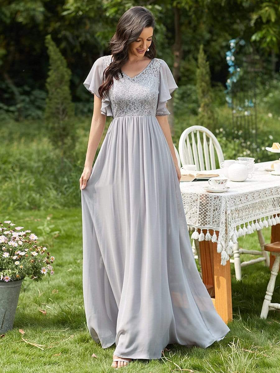 Color=Grey | Deep V Flared Sleeves Embroidered Long Mother of The Bride Dresses-Grey 5