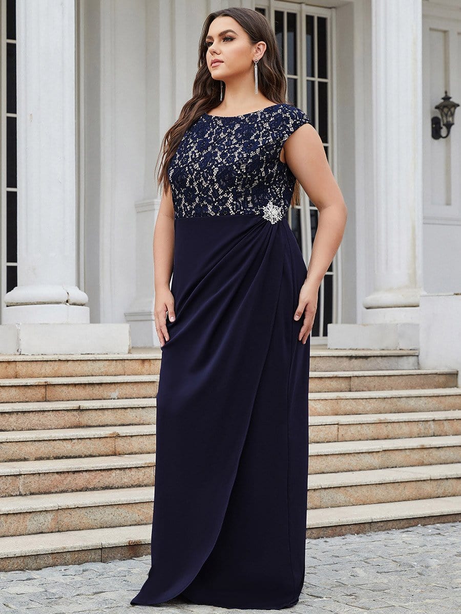Color=Navy Blue | Plus Size Sleeveless Pleated Split Mother Of The Bride Dress-Navy Blue 3