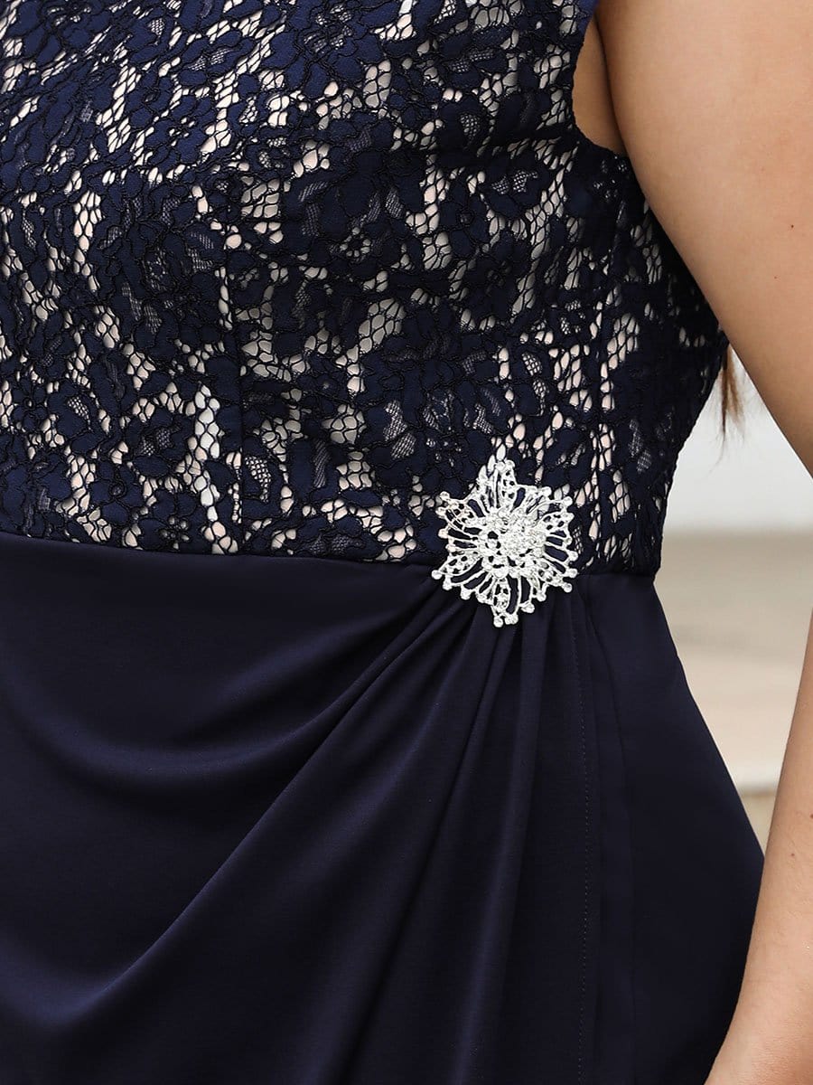 Color=Navy Blue | Plus Size Sleeveless Pleated Split Mother Of The Bride Dress-Navy Blue 4