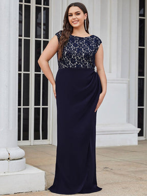 Color=Navy Blue | Generous Round Neck Pleated Long Mother Of The Bride Dress-Navy Blue 6
