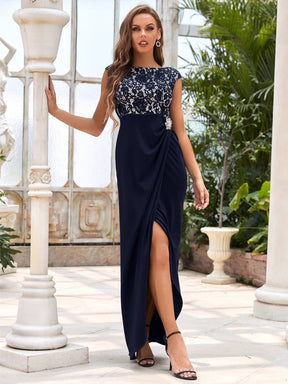 Color=Navy Blue | Generous Round Neck Pleated Long Mother Of The Bride Dress-Navy Blue 3