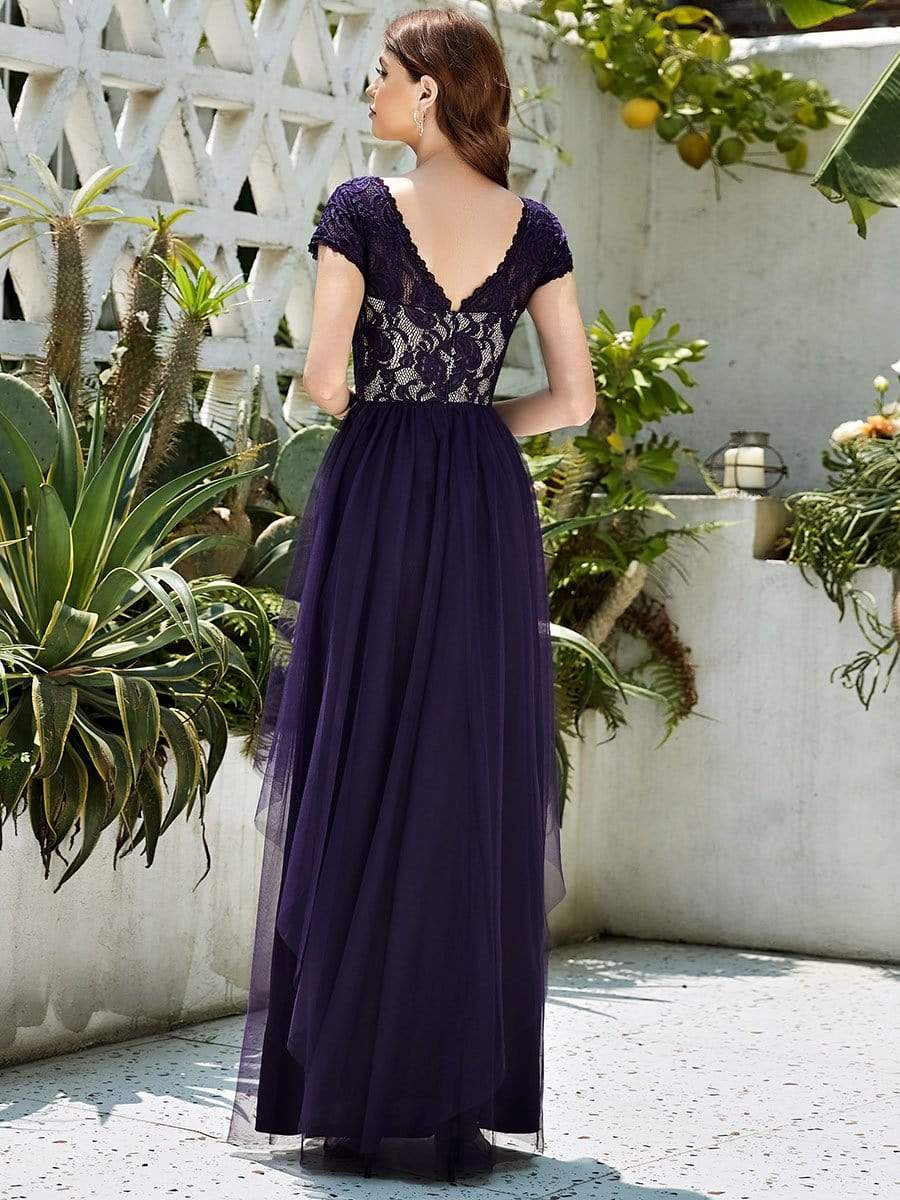 Color=Dark Purple | Round Neck Embroidered Short Sleeves Long Tulle Mother of The Bride Dress-Dark Purple 2