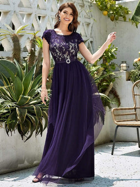 Color=Dark Purple | Round Neck Embroidered Short Sleeves Long Tulle Mother of The Bride Dress-Dark Purple 4