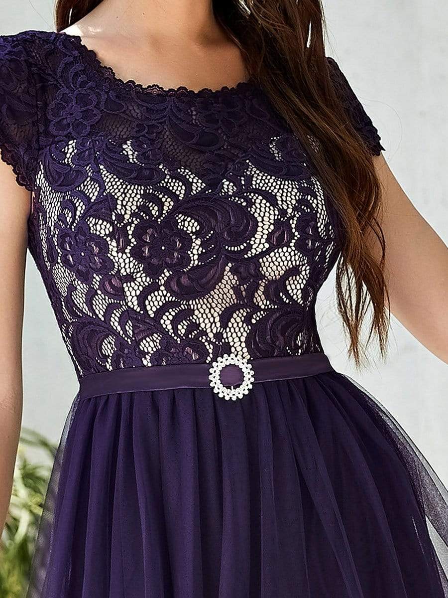 Color=Dark Purple | Round Neck Embroidered Short Sleeves Long Tulle Mother of The Bride Dress-Dark Purple 3