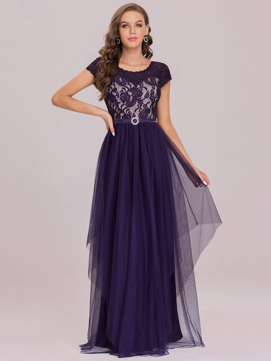 Color=Dark Purple | Round Neck Embroidered Short Sleeves Long Tulle Mother of The Bride Dress-Dark Purple 5