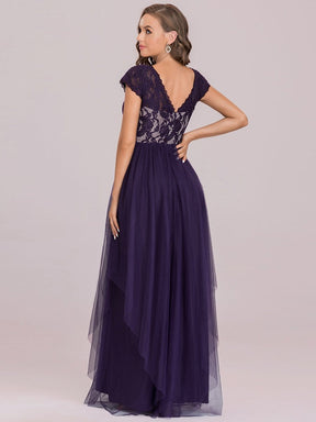 Color=Dark Purple | Round Neck Embroidered Short Sleeves Long Tulle Mother of The Bride Dress-Dark Purple 6