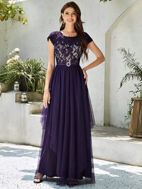 Color=Dark Purple | Round Neck Embroidered Short Sleeves Long Tulle Mother of The Bride Dress-Dark Purple 1