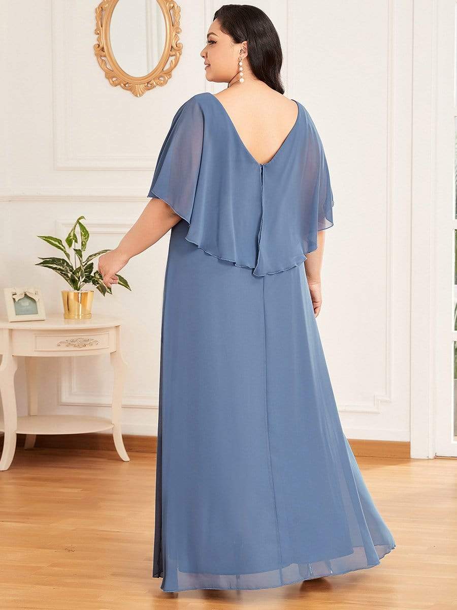 Color=Dusty Navy | Plus Size V Neck Lotus Leaf Sleeves Chiffon Long Mother of The Bride Dresses-Dusty Navy 2