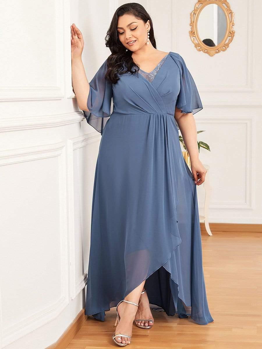 Color=Dusty Navy | Plus Size V Neck Lotus Leaf Sleeves Chiffon Long Mother of The Bride Dresses-Dusty Navy 4