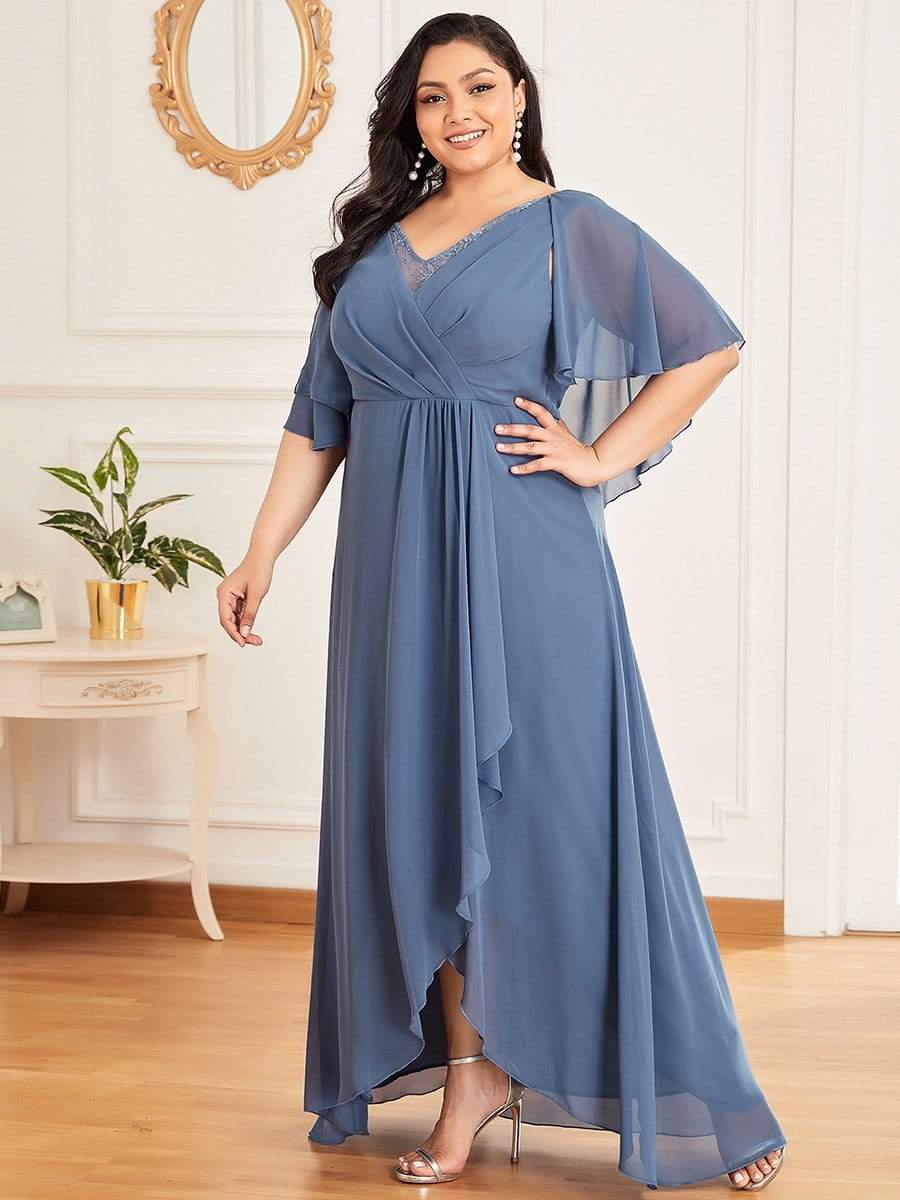 V Neck Pagoda Sleeves Lotus Leaf Mother of Bridesmaid Long Dress