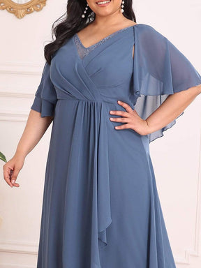 Color=Dusty Navy | Plus Size V Neck Lotus Leaf Sleeves Chiffon Long Mother of The Bride Dresses-Dusty Navy 3