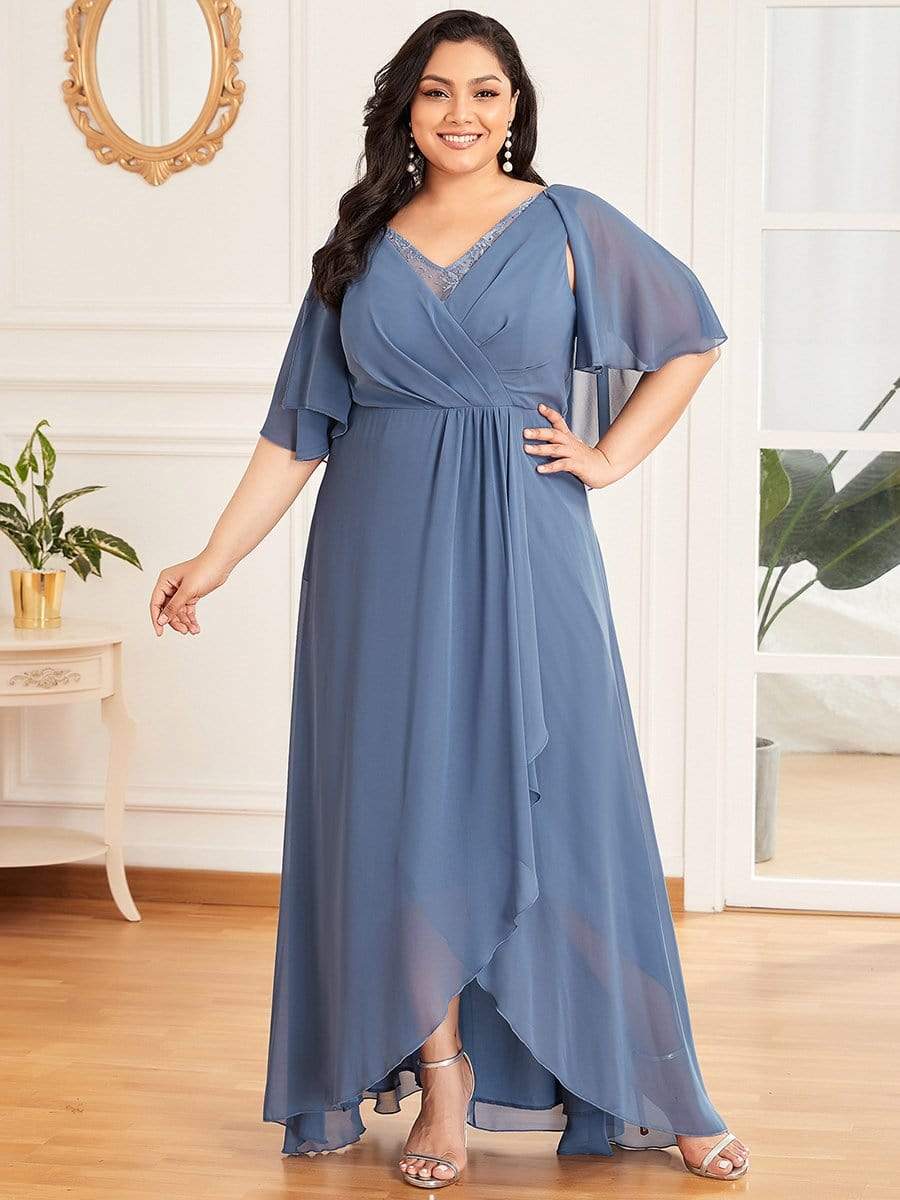 Color=Dusty Navy | Plus Size V Neck Lotus Leaf Sleeves Chiffon Long Mother of The Bride Dresses-Dusty Navy 5