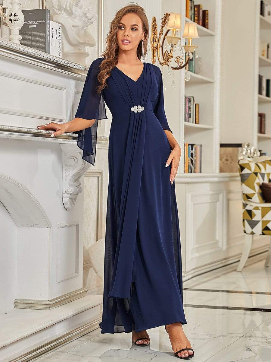 Color=Navy Blue | Chiffon Pleated Lotus Leaf Maxi Mother of The Bride Dresses-Navy Blue 3