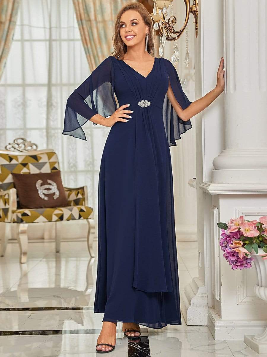 Color=Navy Blue | Chiffon Pleated Lotus Leaf Maxi Mother of The Bride Dresses-Navy Blue 5