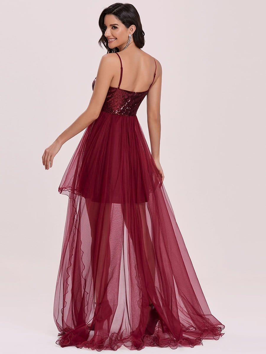 Color=Burgundy | Fancy A-Line Tulle High Low Hem Prom Dress-Burgundy 5