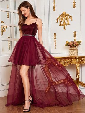 Color=Burgundy | Fancy A-Line Tulle High Low Hem Prom Dress-Burgundy 1