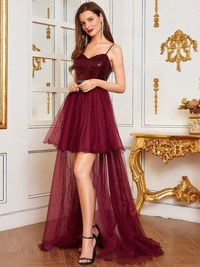 Color=Burgundy | Fancy A-Line Tulle High Low Hem Prom Dress-Burgundy 3