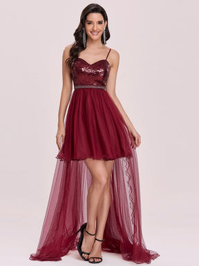 Color=Burgundy | Fancy A-Line Tulle High Low Hem Prom Dress-Burgundy 4