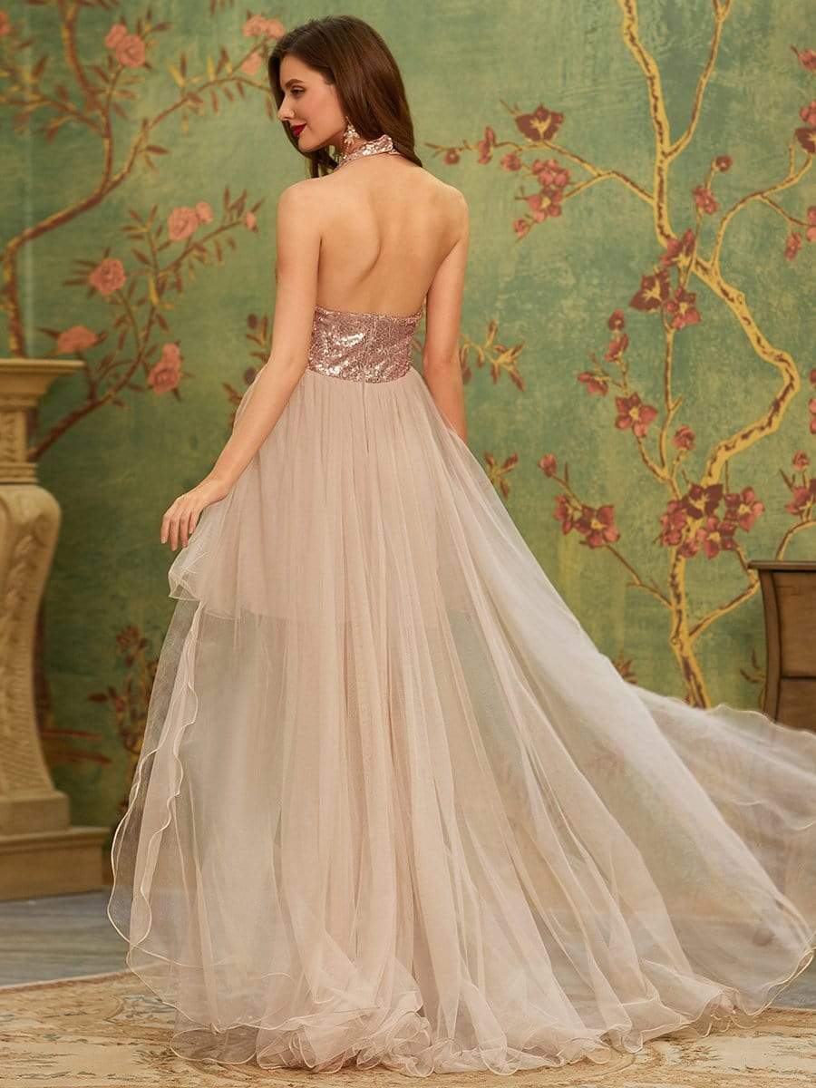 Color=Rose Gold | Fancy Asymmetric Halter Neck Sequin Tulle Prom Dress-Rose Gold 2