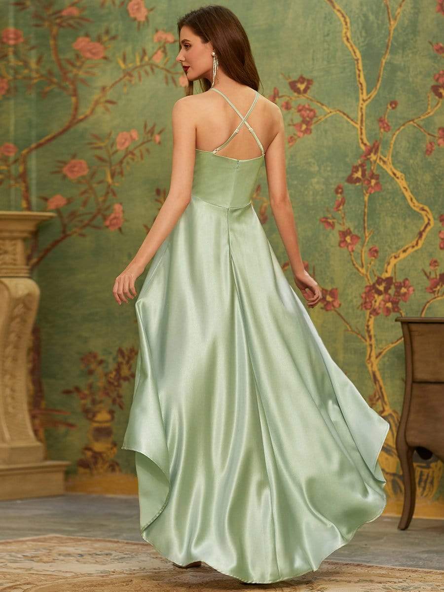 Color=Mint Green | Soft Halter Open Back High Low Bridesmaid Dress-Mint Green 2