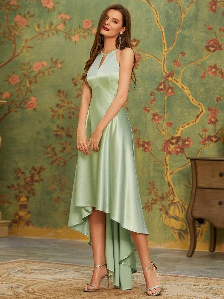Color=Mint Green | Soft Halter Open Back High Low Bridesmaid Dress-Mint Green 1