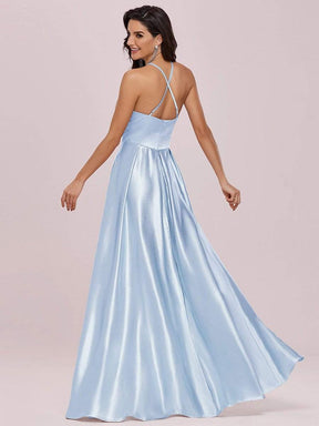 Color=Ice blue | Romantic Halter Neck High Low Pleated Bridesmaid Dress-Ice blue 6