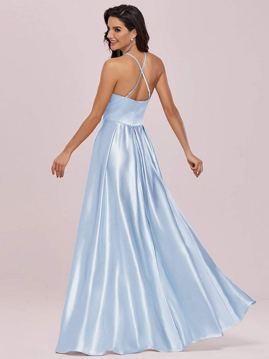 Color=Ice blue | Romantic Halter Neck High Low Pleated Bridesmaid Dress-Ice blue 6