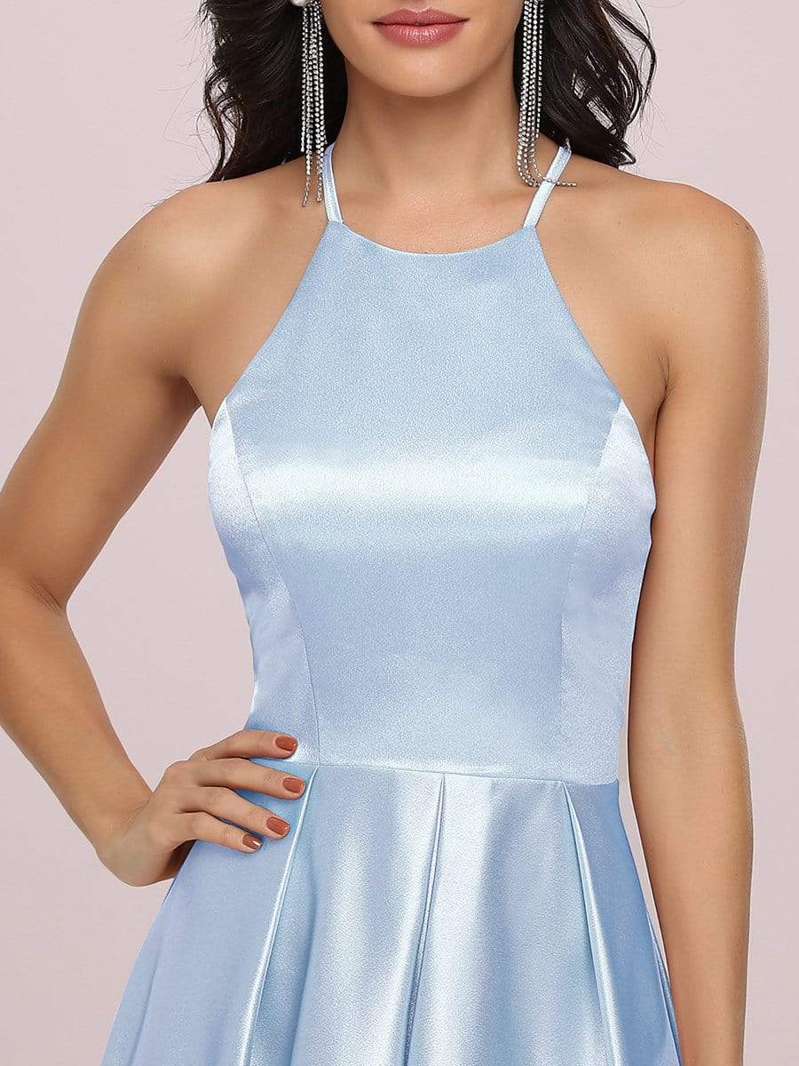 Color=Ice blue | Romantic Halter Neck High Low Pleated Bridesmaid Dress-Ice blue 3