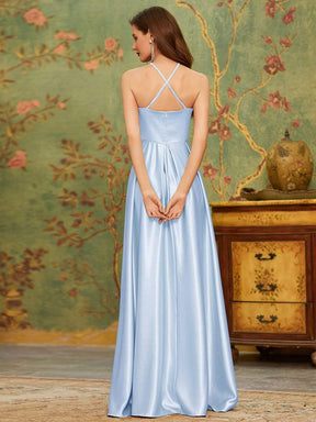 Color=Ice blue | Romantic Halter Neck High Low Pleated Bridesmaid Dress-Ice blue 2