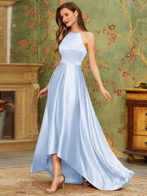 Color=Ice blue | Romantic Halter Neck High Low Pleated Bridesmaid Dress-Ice blue 1