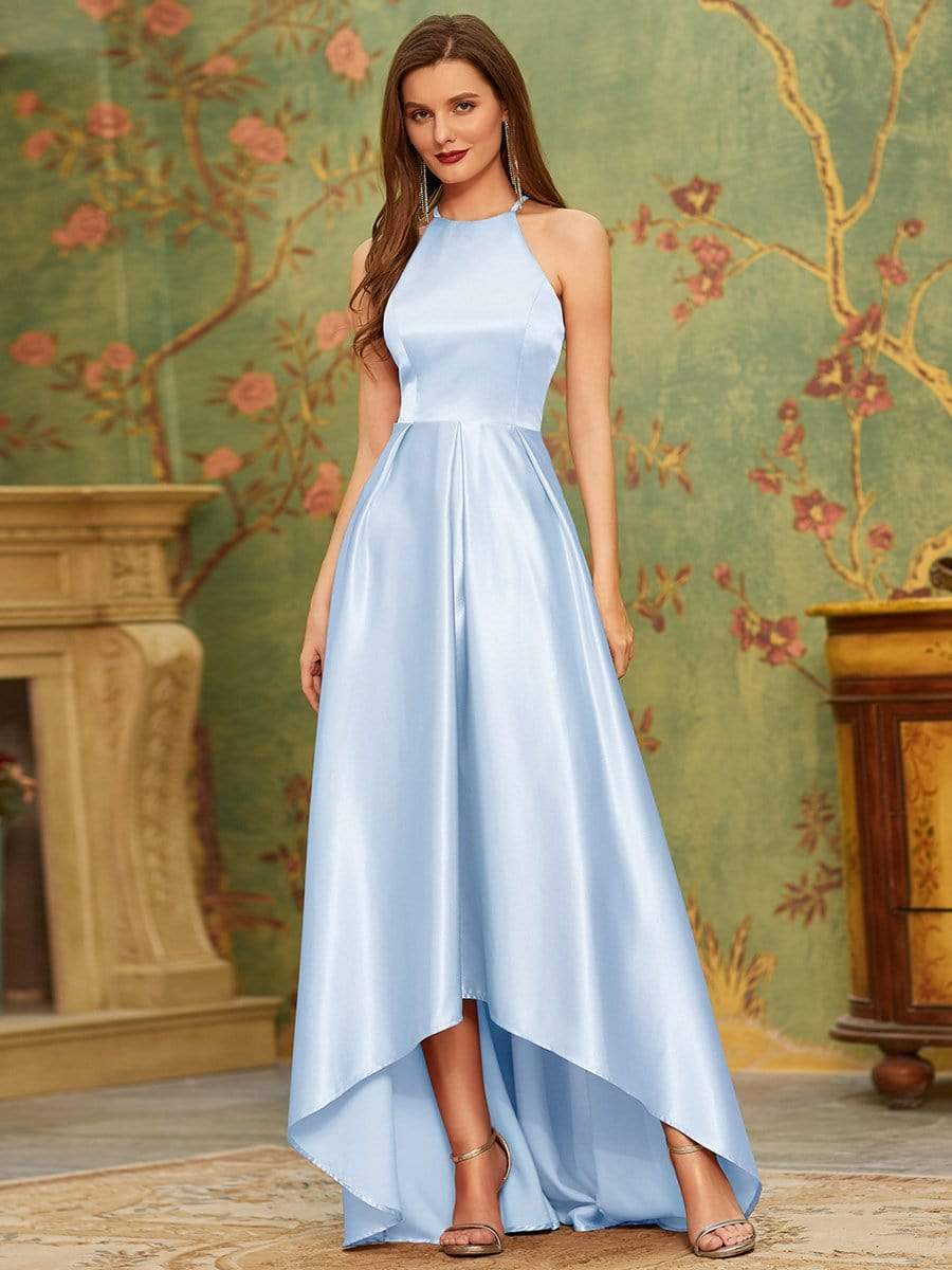 Color=Ice blue | Romantic Halter Neck High Low Pleated Bridesmaid Dress-Ice blue 4