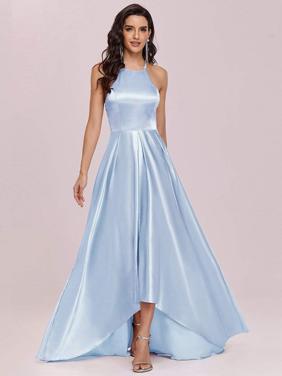 Color=Ice blue | Romantic Halter Neck High Low Pleated Bridesmaid Dress-Ice blue 5