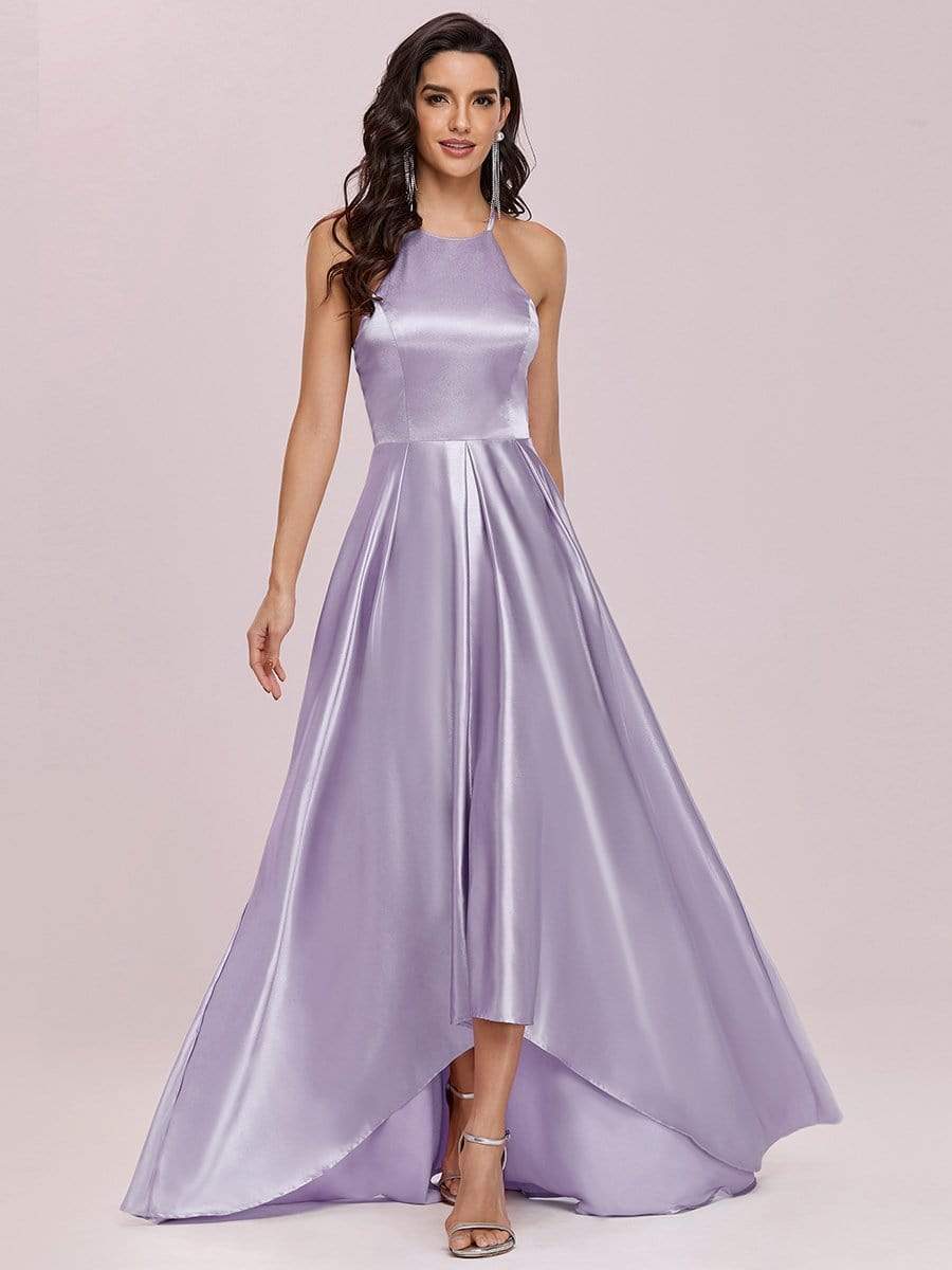 Color=Lavender | Romantic Halter Neck High Low Pleated Bridesmaid Dress-Lavender 4