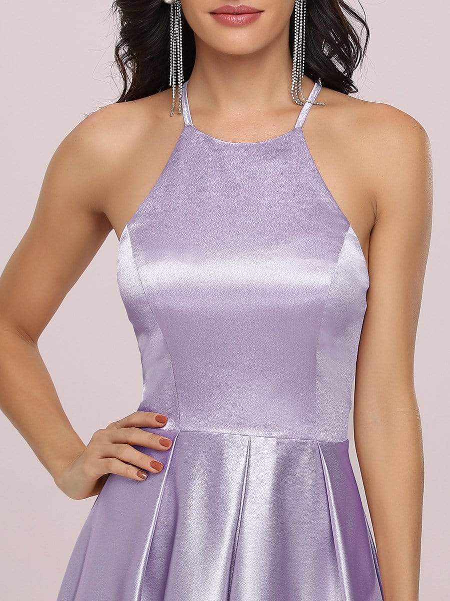 Color=Lavender | Romantic Halter Neck High Low Pleated Bridesmaid Dress-Lavender 3