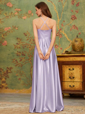 Color=Lavender | Romantic Halter Neck High Low Pleated Bridesmaid Dress-Lavender 2
