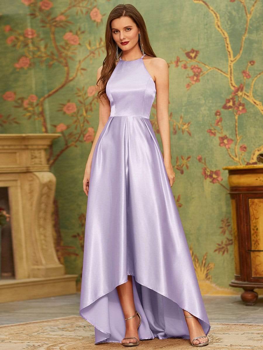 Color=Lavender | Romantic Halter Neck High Low Pleated Bridesmaid Dress-Lavender 1