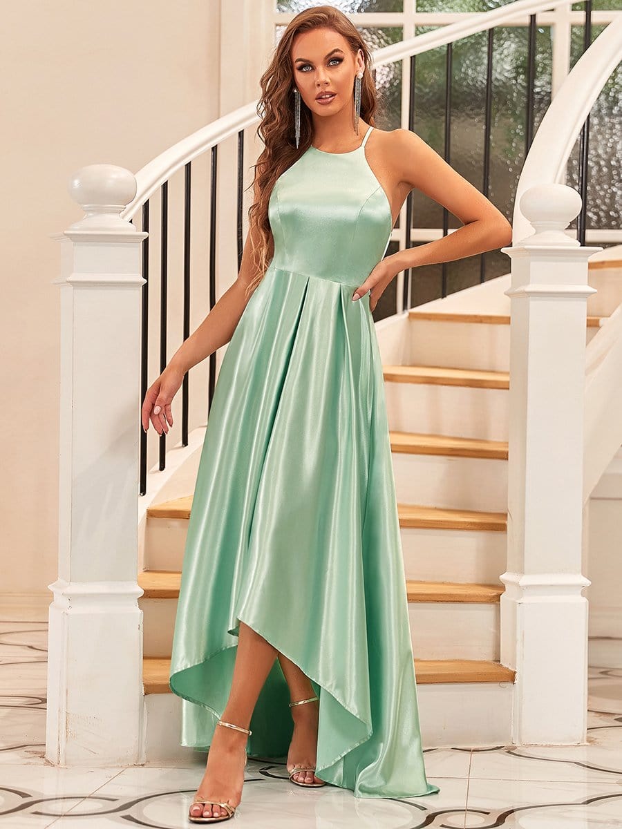 Color=Mint Green | Romantic Halter Neck High Low Pleated Bridesmaid Dress-Mint Green 3