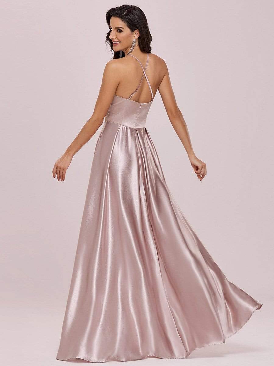Color=Mauve | Romantic Halter Neck High Low Pleated Bridesmaid Dress-Mauve 5