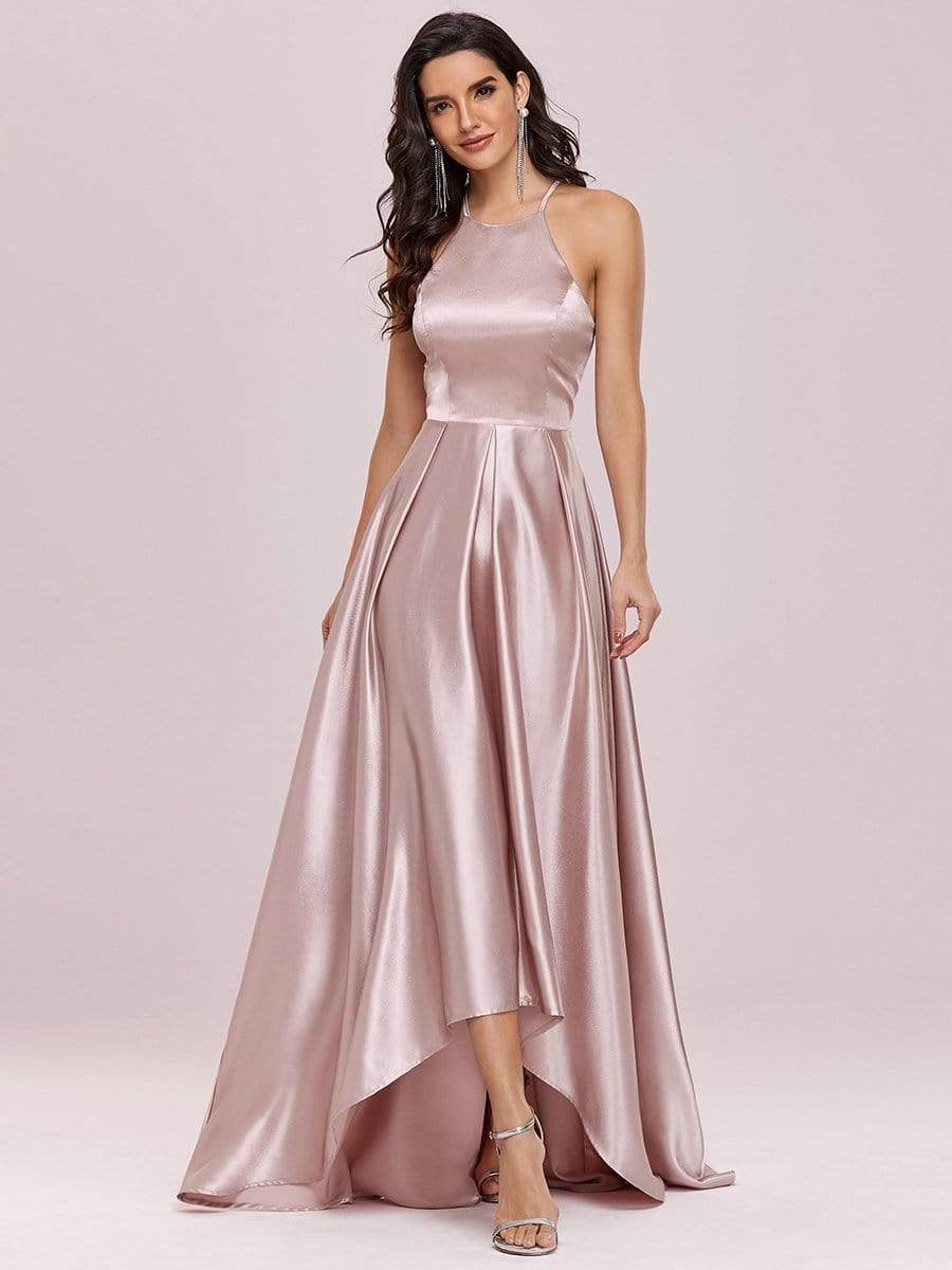 Color=Mauve | Romantic Halter Neck High Low Pleated Bridesmaid Dress-Mauve 7