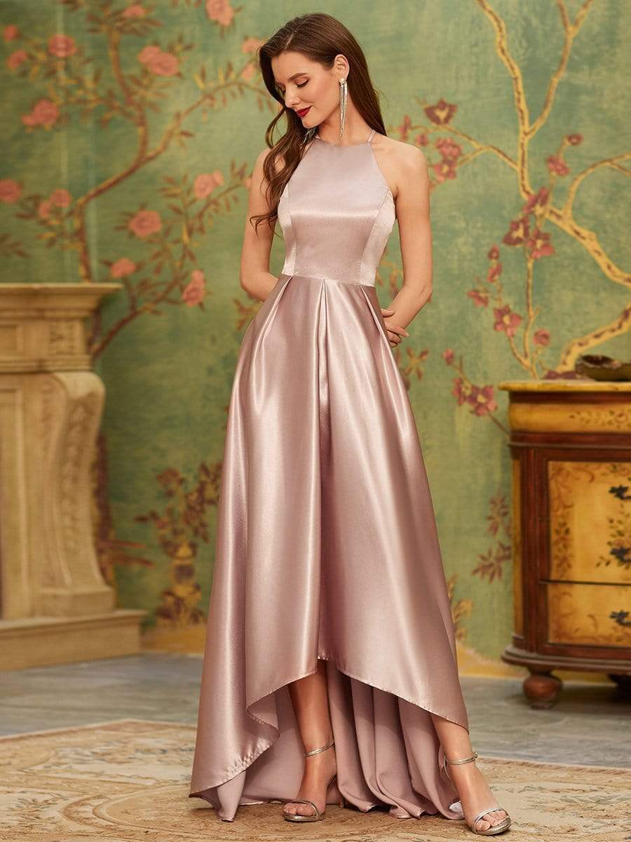 Color=Mauve | Romantic Halter Neck High Low Pleated Bridesmaid Dress-Mauve 3