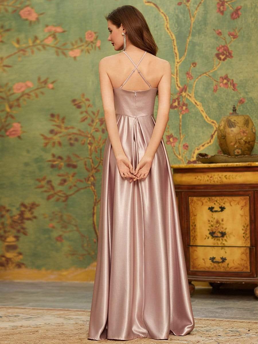 Color=Mauve | Romantic Halter Neck High Low Pleated Bridesmaid Dress-Mauve 2