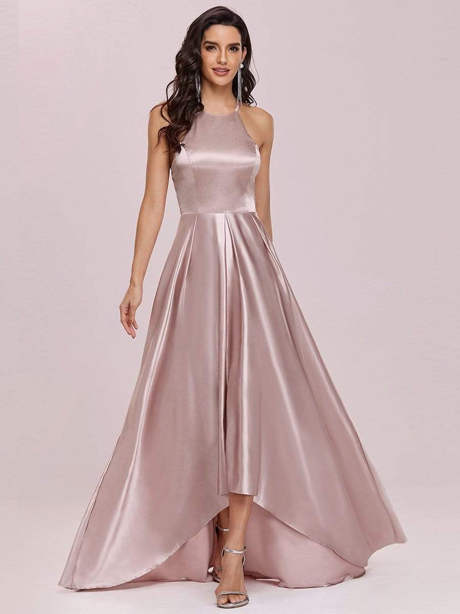 Color=Mauve | Romantic Halter Neck High Low Pleated Bridesmaid Dress-Mauve 4