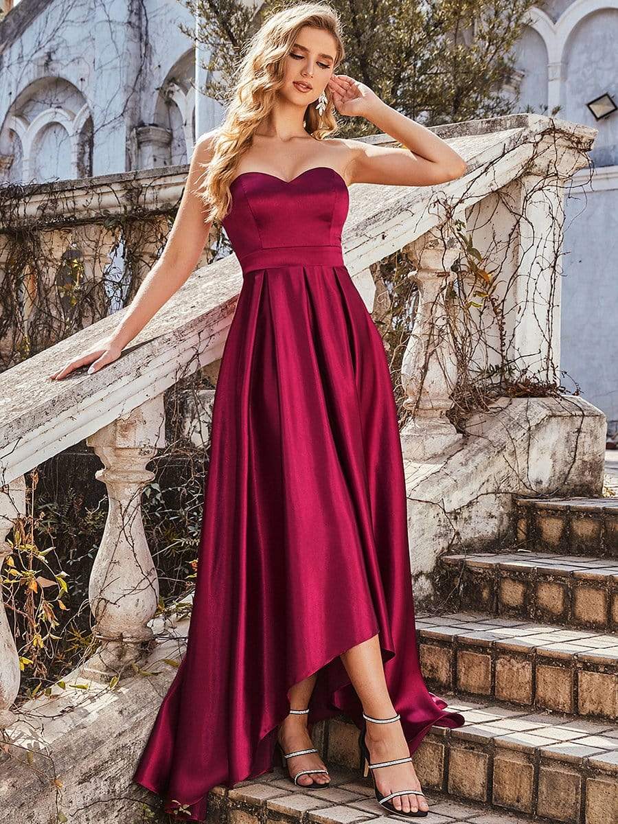 Color=Burgundy | Sweetheart Neck Strapless Prom Dress With Asymmetrical Hem-Burgundy 1