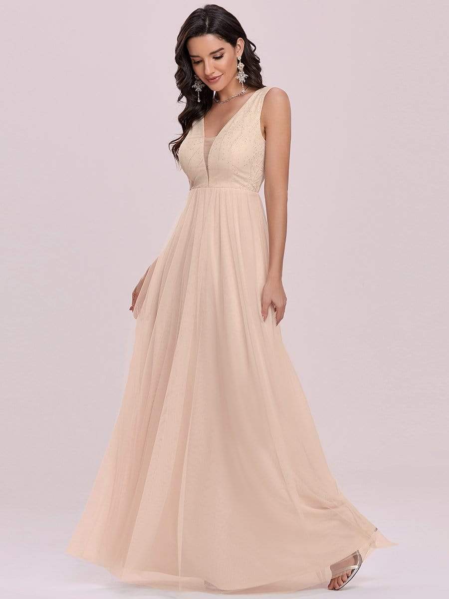 Color=Blush | Comfy Deep V Neck A-Line Tulle Prom Dress For Women-Blush 5