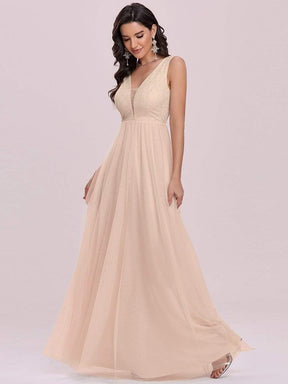 Color=Blush | Comfy Deep V Neck A-Line Tulle Prom Dress For Women-Blush 5