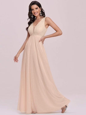 Color=Blush | Comfy Deep V Neck A-Line Tulle Prom Dress For Women-Blush 6