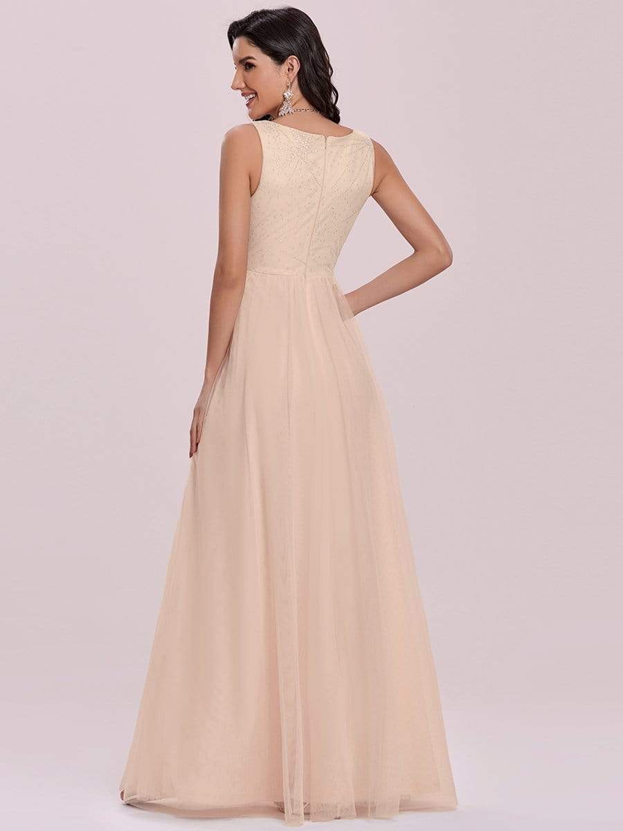 Color=Blush | Comfy Deep V Neck A-Line Tulle Prom Dress For Women-Blush 7