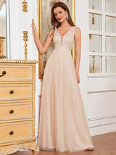 Color=Blush | Comfy Deep V Neck A-Line Tulle Prom Dress For Women-Blush 1