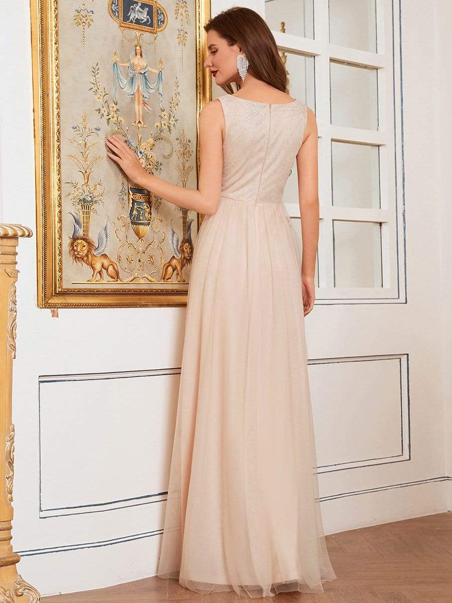 Color=Blush | Comfy Deep V Neck A-Line Tulle Prom Dress For Women-Blush 2